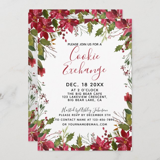 POINSETTIA + HOLLY Watercolor Cookie Exchange Invitation (Front/Back)