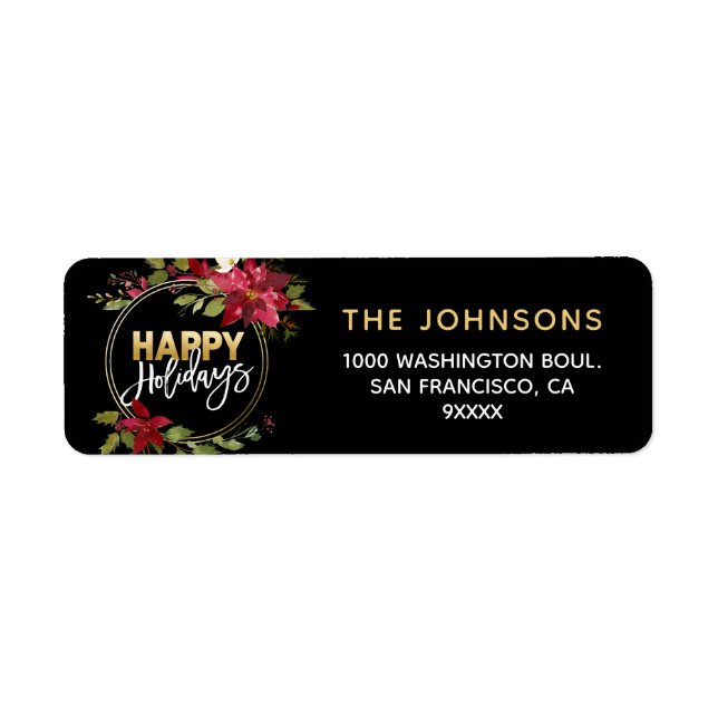 Poinsettia Holly Wreath Red Gold Happy Holidays (Front)