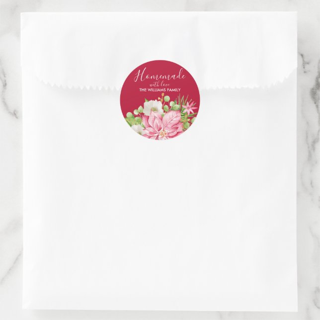  Poinsettia Homemade With Love SMALL Christmas Classic Round Sticker (Bag)
