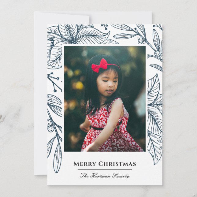 Poinsettia Imprint Elegant Blue Photo Holiday Card (Front)