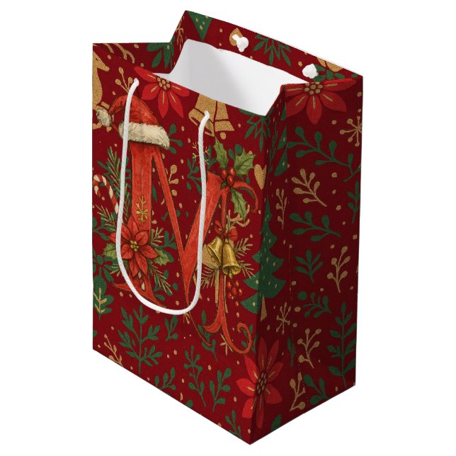 Poinsettia, Initial M Letter Reindeer Medium Gift  Bag (Front Angled)