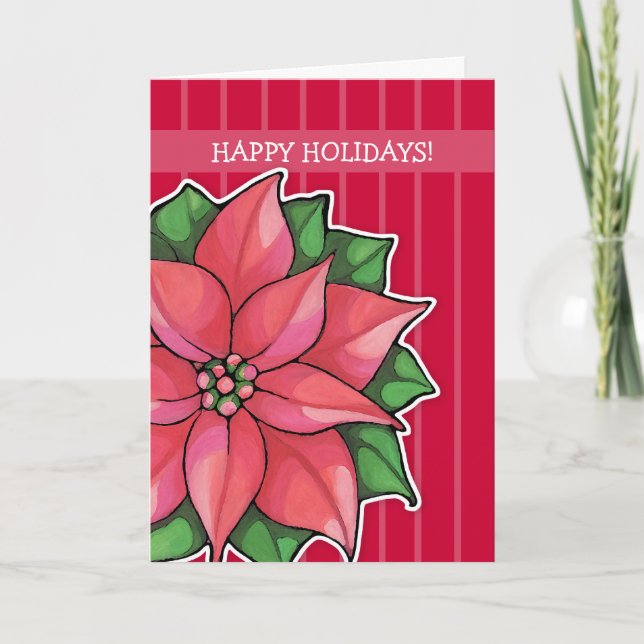 Poinsettia Joy red stripes Holiday Card (Front)