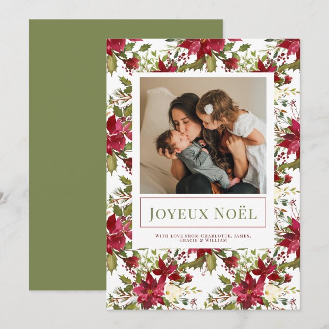 Poinsettia Joyeux Noël Elegant Christmas Card (Front/Back)