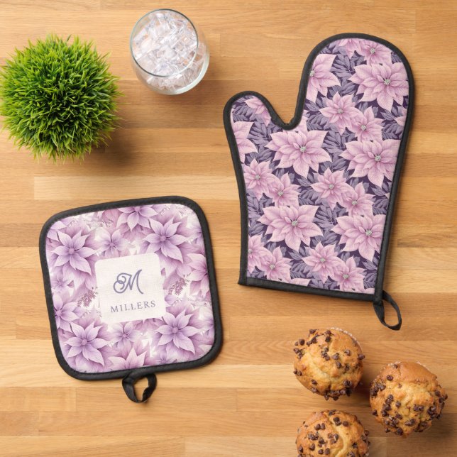 Poinsettia Lavender Holiday Oven Mitt & Pot Holder Set (Top Down)