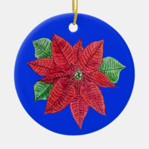 Poinsettia MEMORIAL Ornament/Blue - Customize! Ceramic Tree Decoration