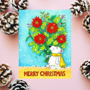 Poinsettia Merry Christmas Bear Postcard