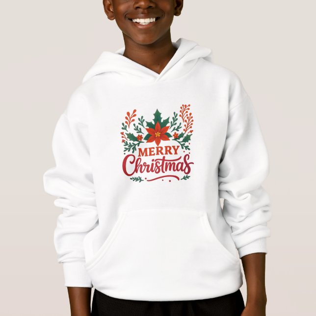 Poinsettia Merry Christmas Kids Hoodie (Front)