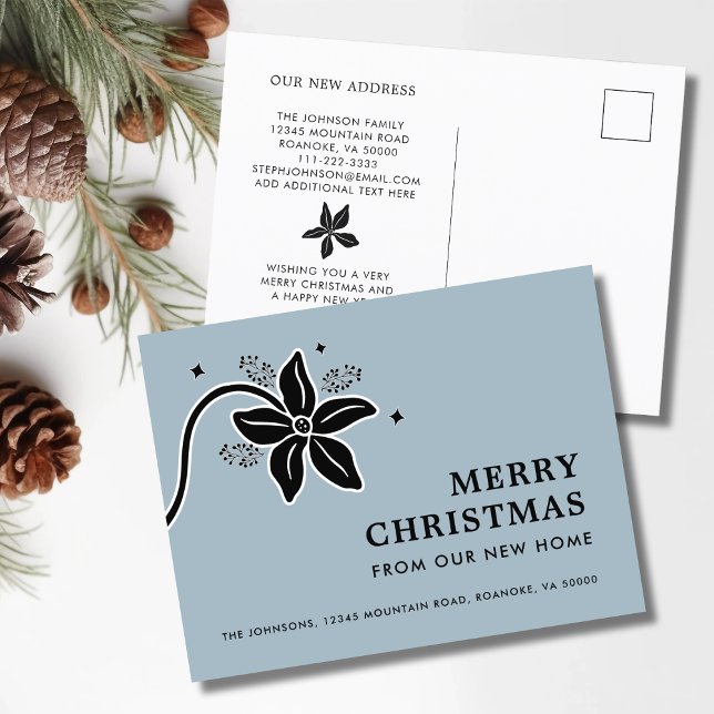 Poinsettia Merry Christmas New Home   Announcement Postcard (Poinsettia Merry Christmas From Our New Home Dusty Blue Moving Announcement Postcard)