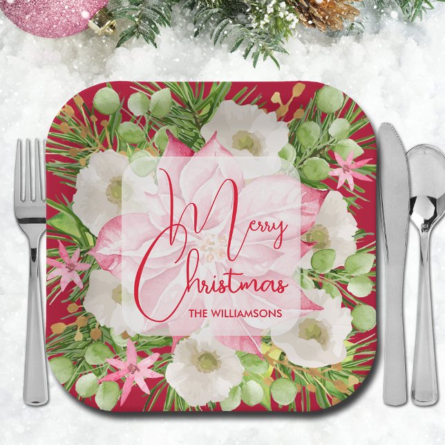 Poinsettia Merry Christmas Paper Plate (Pink poinsettia and winter flowers Merry Christmas square paper plates)