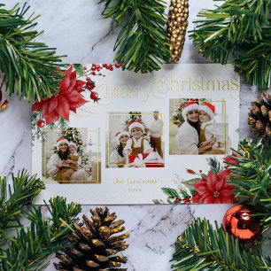 Poinsettia & Merry Christmas Typography 3-Photo Foil Holiday Card