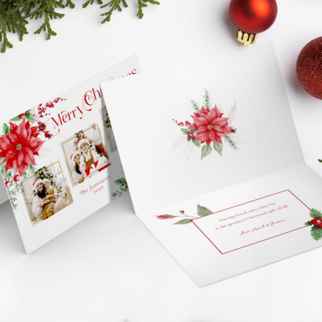 Poinsettia & Merry Christmas Typography 3-Photo Holiday Card (Creator Uploaded)