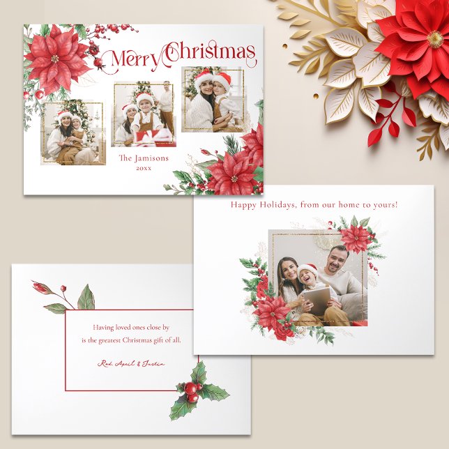 Poinsettia & Merry Christmas Typography 3-Photo Tri-Fold Holiday Card (Creator Uploaded)