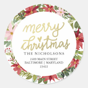 Poinsettia Merry Christmas Wreath Return Address Classic Round Sticker