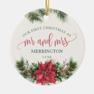 Poinsettia Mr. & Mrs.   First Married Christmas Ceramic Tree Decoration