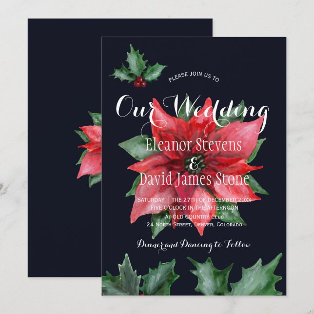 Poinsettia navy red winter elegant wedding invitation (Front/Back)