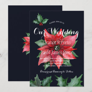 Poinsettia navy red winter elegant wedding invitation