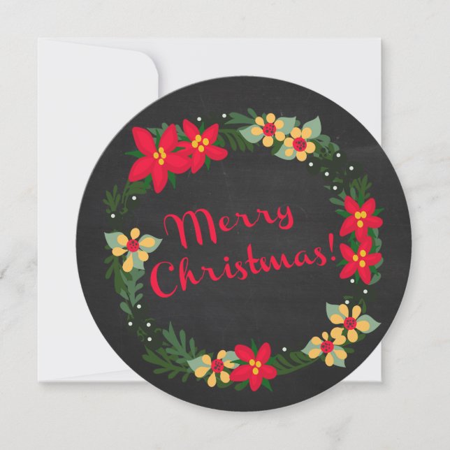 Poinsettia on Chalkboard, Merry Christmas! Round Holiday Card (Front)