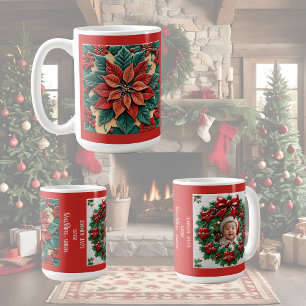 Poinsettia on Red Christmas Customisable Coffee Mug