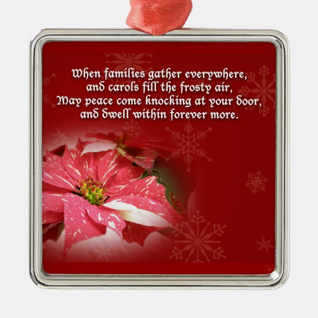 Poinsettia on Red With Poem Metal Tree Decoration (Front)