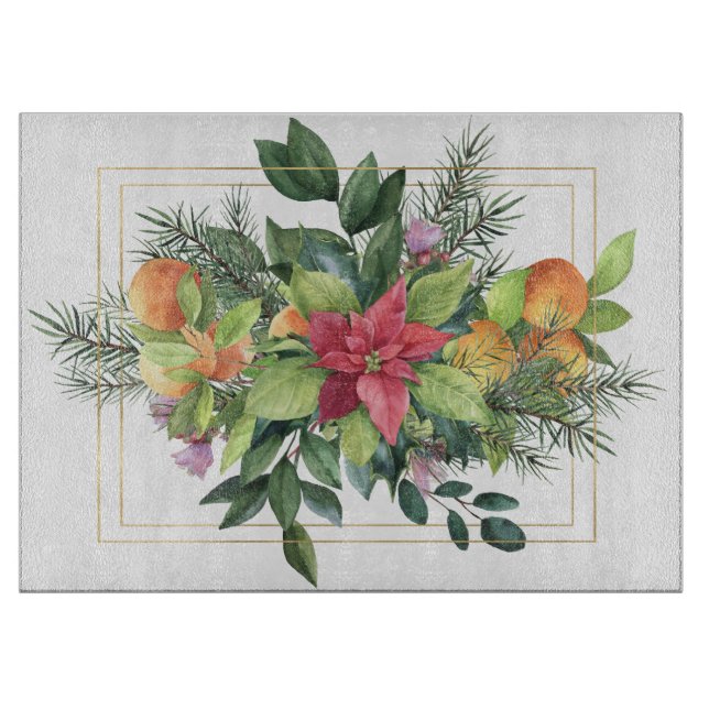 Poinsettia, Oranges, Evergreens Glorious Cutting Board (Front)