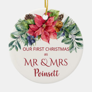 Poinsettia, Our 1st Christmas as Mr & Mrs Photo Ceramic Tree Decoration