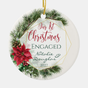 Poinsettia, Our 1st Christmas Engaged Photo Ceramic Tree Decoration
