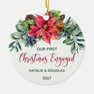 Poinsettia, Our 1st Christmas Engaged Photo Ceramic Tree Decoration