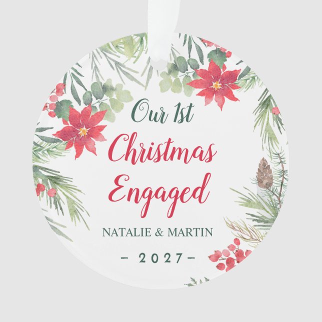 Poinsettia, Our 1st Christmas Engaged Photo Ornament (Front)