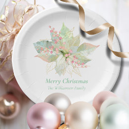 Poinsettia Pastel Elegant Christmas Pink Sage Paper Plate