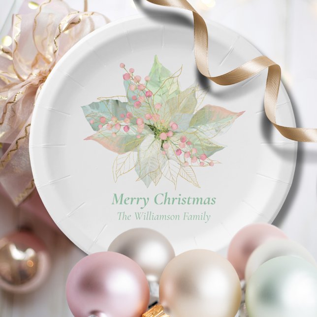  Poinsettia Pastel Elegant Christmas Pink Sage  Paper Plate (Creator Uploaded)