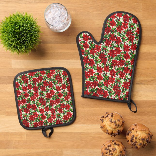 Poinsettia Pattern Christmas Oven Mitt & Pot Holder Set (Top Down)