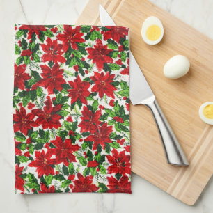 Poinsettia Pattern Christmas Tea Towel