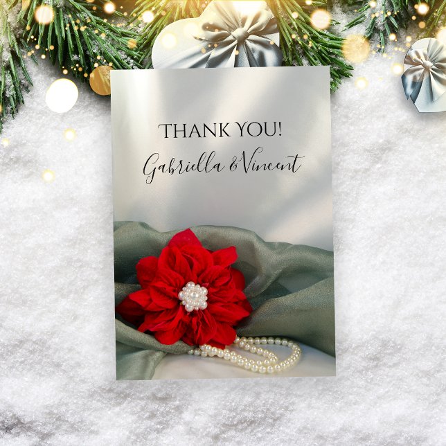 Poinsettia Pearls Green Winter Wedding Thank You (Show appreciation after your December event with the Poinsettia and Pearls Wedding Thank You Note.)