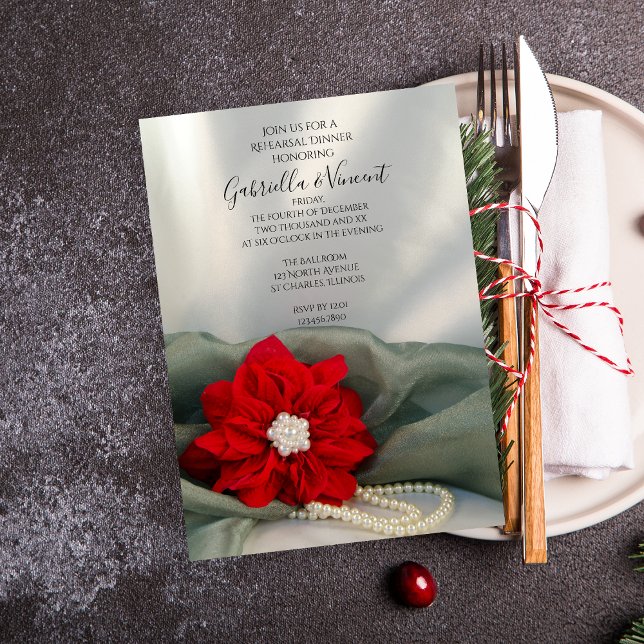 Poinsettia Pearls on Green Winter Rehearsal Dinner Invitation (Set a festive tone with the Red Poinsettia and Pearls Winter Wedding Rehearsal Dinner Invitation.)