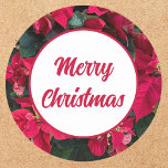 Poinsettia Photo Red Merry Christmas Classic Round Sticker<br><div class="desc">These lovely round poinsettia stickers are a lovely addition to your gift wrapping this holiday season.  The poinsettia photo is vibrant and eye catching behind the red customisable words on the white background.</div>