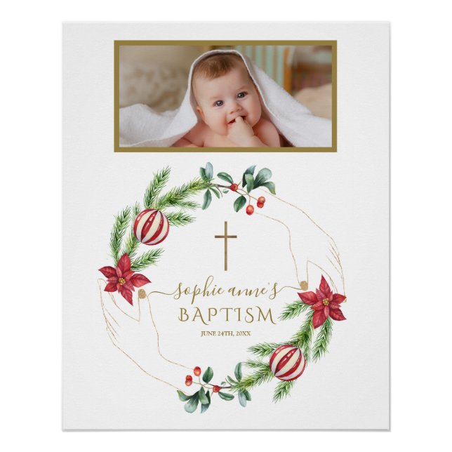 Poinsettia Pine Berry Photo Baptism Welcome Sign (Front)
