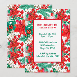Poinsettia, Pine Boughs and Red Berries  Invitation