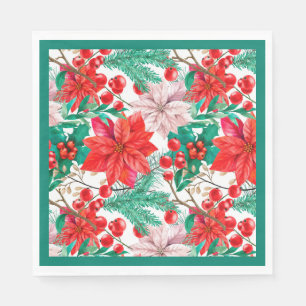 Poinsettia, Pine Boughs and Red Berries Napkin