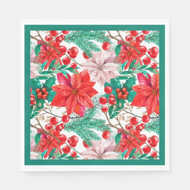 Poinsettia, Pine Boughs and Red Berries Napkin (Front)