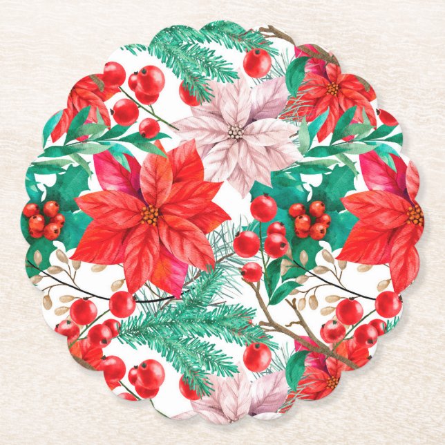 Poinsettia, Pine Boughs and Red Berries  Paper Coaster (Front)