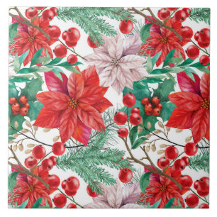 Poinsettia, Pine Boughs and Red Berries   Tile