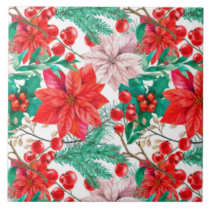 Poinsettia, Pine Boughs and Red Berries   Tile
