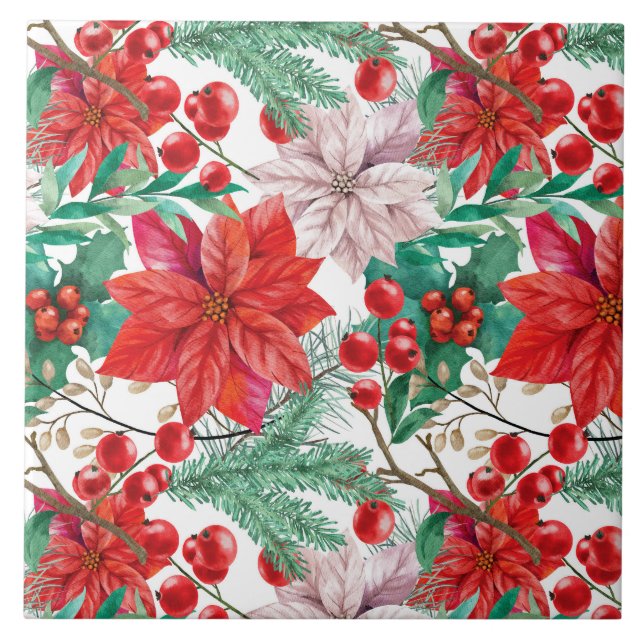 Poinsettia, Pine Boughs and Red Berries   Tile (Front)