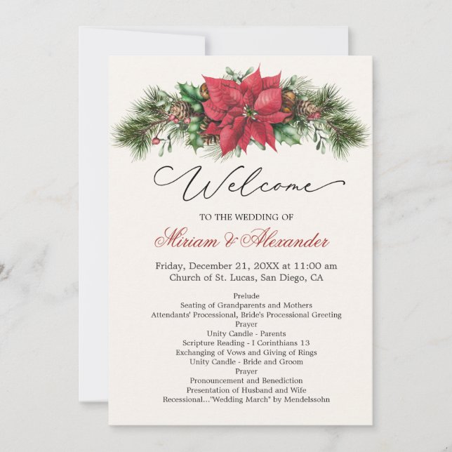 Poinsettia Pine Cones Holly Wedding Program Invitation (Front)