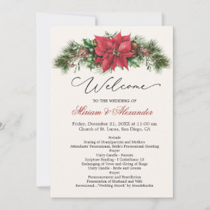 Poinsettia Pine Cones Holly Wedding Program Invitation