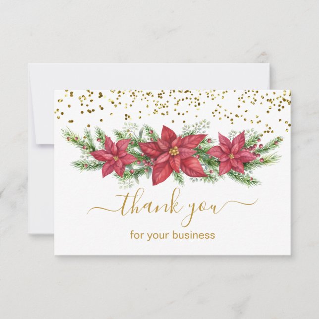 Poinsettia, pine, gold confetti Business Christmas Thank You Card (Front)