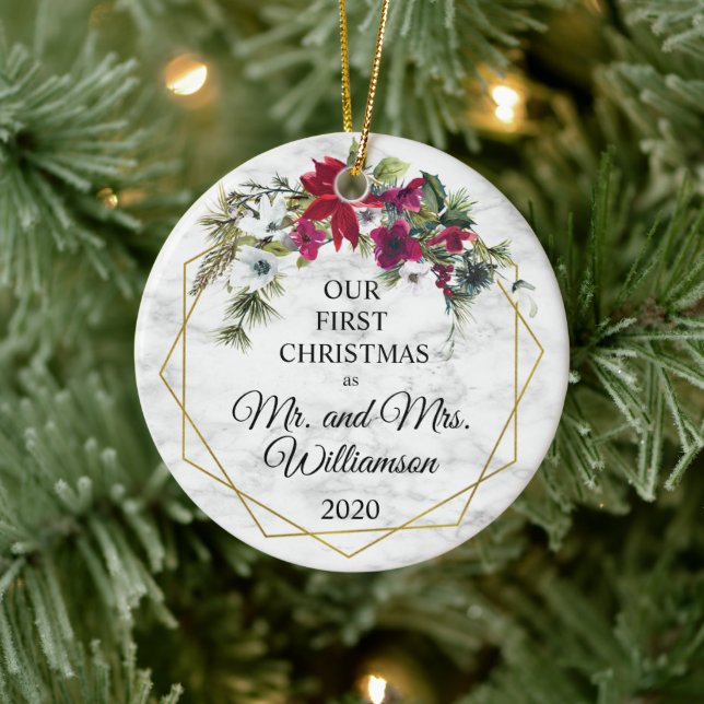 Poinsettia Pine Gold Frame 1st Christmas Married Ceramic Tree Decoration (Tree)