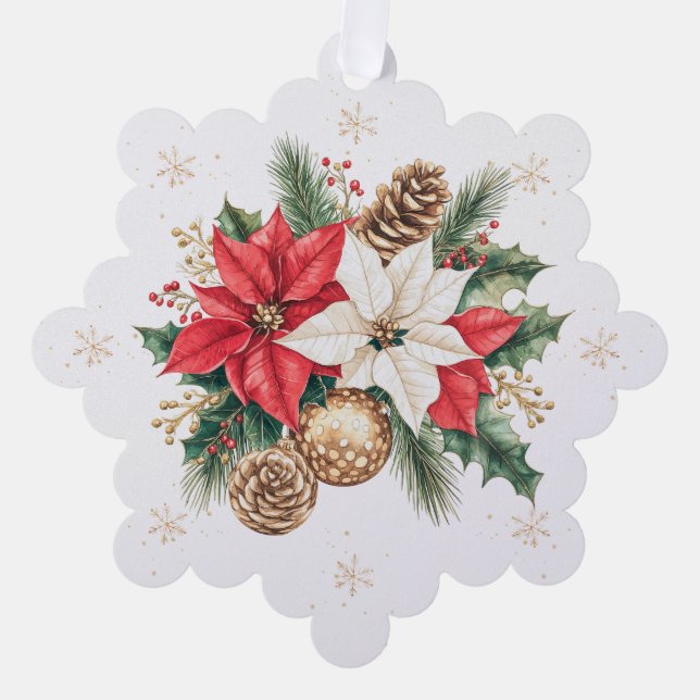Poinsettia Pine Holly Christmas Photo Tree Decoration Card (Front)