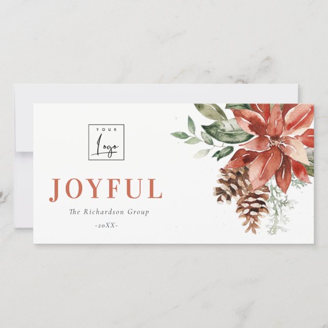  Poinsettia Pine Joyful Christmas Logo Business Holiday Card (Front)
