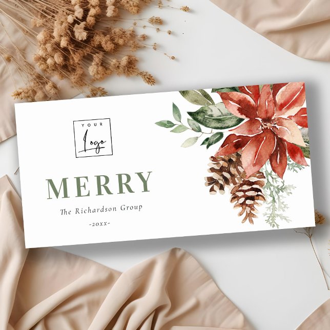  Poinsettia Pine Merry Christmas Logo Business Holiday Card (Creator Uploaded)